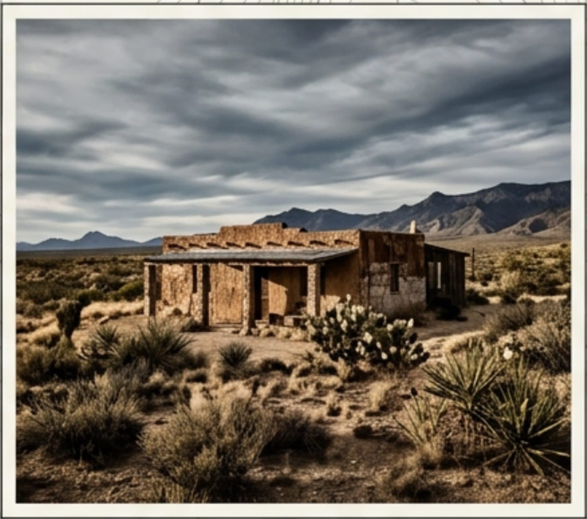 Adobe ruin in the Sonoran desert with mountains in the distance, presented as a framed photograph.